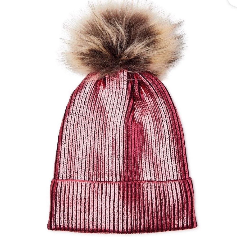 Scoop Women's Pink Burgundy Metallic Foil Beanie Hat with Faux Fur Pom Pom